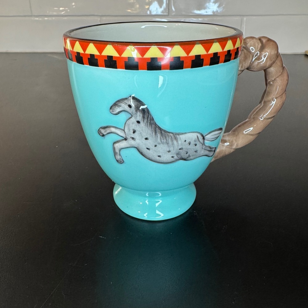 Cracker Barrel Mug Adult 16oz Turquoise Appaloosa Horse Twisted Rope Handle